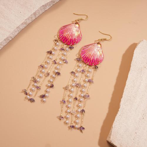 Fashion Fringe Earrings, Tibetan Style, with Shell & Amethyst & Resin & Plastic Pearl, gold color plated, fashion jewelry, more colors for choice, Sold By Pair