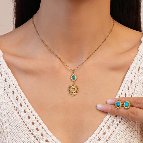 304 Stainless Steel Jewelry Set, Stud Earring & necklace, with turquoise, gold color plated, fashion jewelry, more colors for choice, Sold By Set