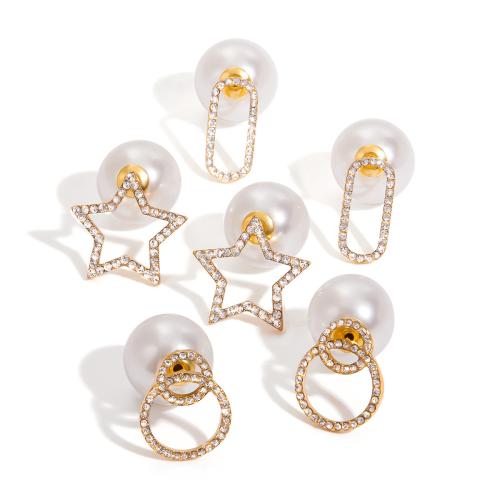 Stainless Steel Stud Earrings, 304 Stainless Steel, with ABS Plastic Pearl, gold color plated, fashion jewelry & with rhinestone, more colors for choice, Sold By Pair