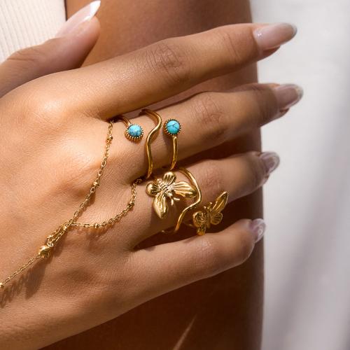 Edelstahl Ringe, 304 Edelstahl, mit Naturstein, goldfarben plattiert, Doppelschicht & Modeschmuck, keine, verkauft von PC
