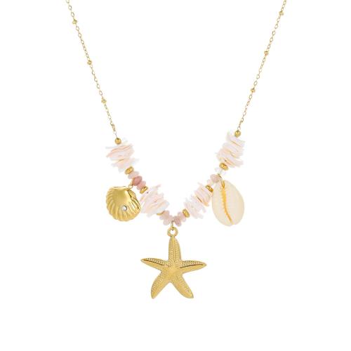Stainless Steel Jewelry Necklace, 304 Stainless Steel, with Natural Stone & Shell, 18K gold plated, fashion jewelry & for woman & with rhinestone, Sold By PC