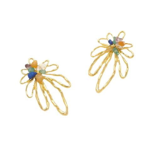 Stainless Steel Stud Earrings, 304 Stainless Steel, with Natural Stone, petals, 18K gold plated, fashion jewelry & for woman & hollow, Sold By Pair