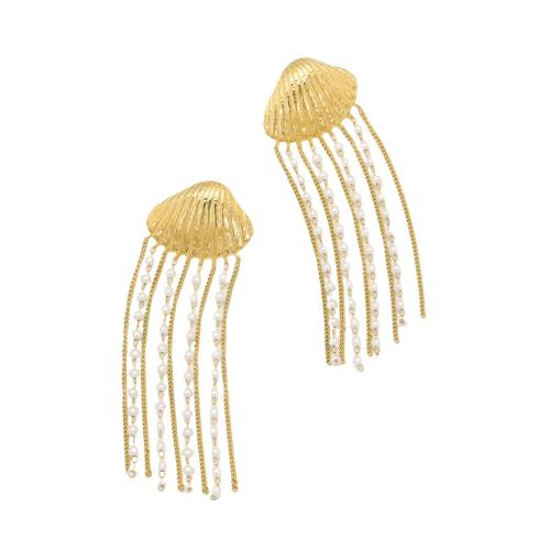 Stainless Steel Drop Earring, 304 Stainless Steel, with Plastic Pearl, 18K gold plated, fashion jewelry & for woman, Sold By Pair