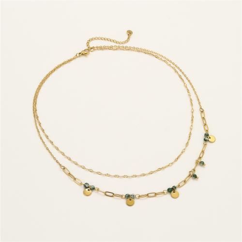Stainless Steel Jewelry Necklace, 304 Stainless Steel, with Natural Stone, 18K gold plated, Double Layer & fashion jewelry & for woman, Sold By PC