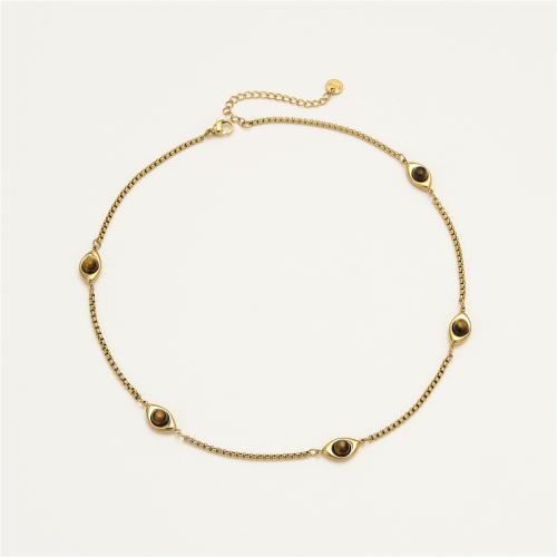 Collier de bijoux en acier inoxydable, Acier inoxydable 304, avec oeil de tigre, Plaqué or 18K, bijoux de mode & pour femme, Vendu par PC