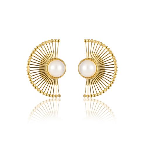 Stainless Steel Stud Earrings, 304 Stainless Steel, with Plastic Pearl, Fan, 18K gold plated, fashion jewelry & for woman & hollow, Sold By Pair