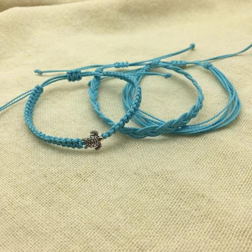 Wax Cord Bracelet Set, with Tibetan Style, handmade, three pieces & Bohemian style & adjustable & for woman, blue, Length:Approx 6-10 Inch, Sold By Set