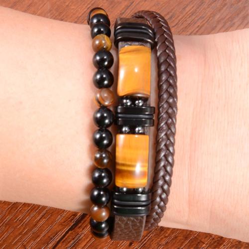 PU Leather Bracelet, with Obsidian & Tiger Eye & Black Agate & 304 Stainless Steel, Unisex & different size for choice, more colors for choice, Sold By PC