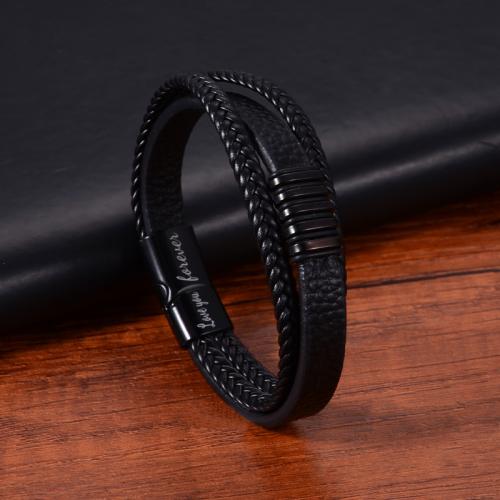 PU Leather Bracelet, with Cowhide & 304 Stainless Steel, multilayer & different size for choice & for man, black, Sold By PC
