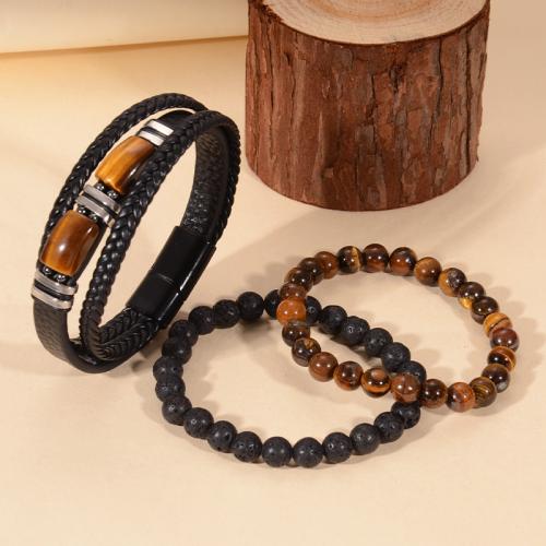 PU Leather Bracelet, with Lava & Tiger Eye & 304 Stainless Steel, handmade, different styles for choice & for man, Length:Approx 8.5 Inch, Sold By PC