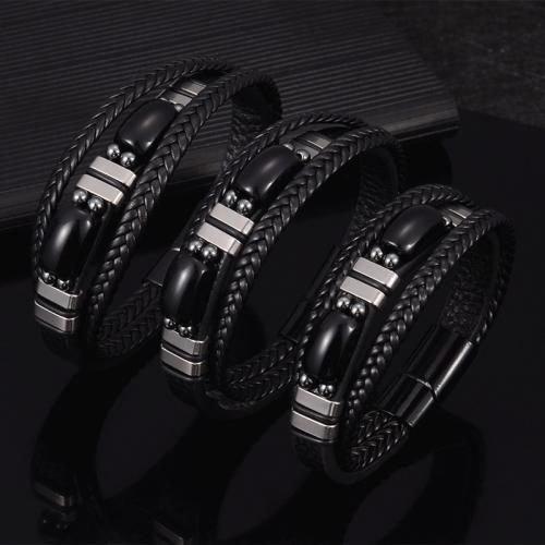 PU Leather Bracelet, with Obsidian & 304 Stainless Steel, handmade, multilayer & Unisex & different size for choice, black, Sold By PC