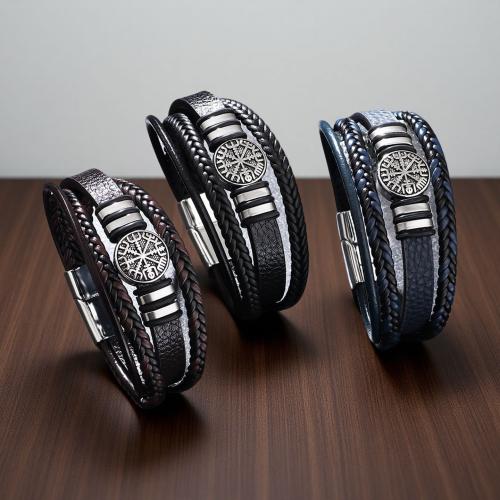 Titanium Steel Bracelet, with PU Leather, Compass, multilayer & different size for choice & for man, more colors for choice, Sold By PC