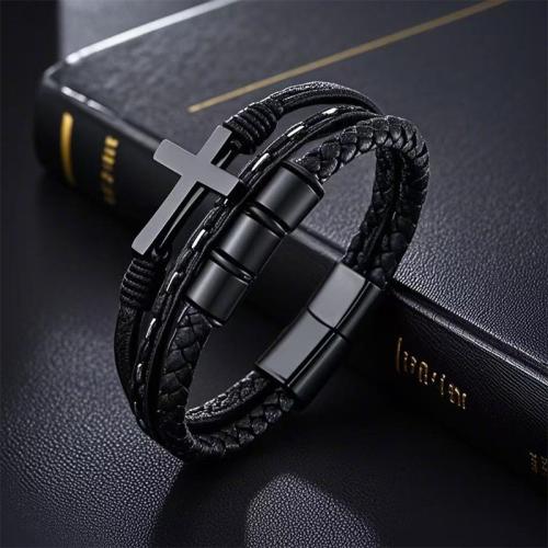 PU Leather Bracelet, with Cowhide & 304 Stainless Steel, Cross, multilayer & different size for choice & for man, black, Sold By PC