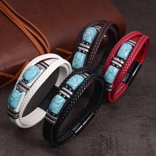 PU Leather Bracelet, with Turquoise & 304 Stainless Steel, handmade, multilayer & different size for choice & for man, more colors for choice, Sold By PC