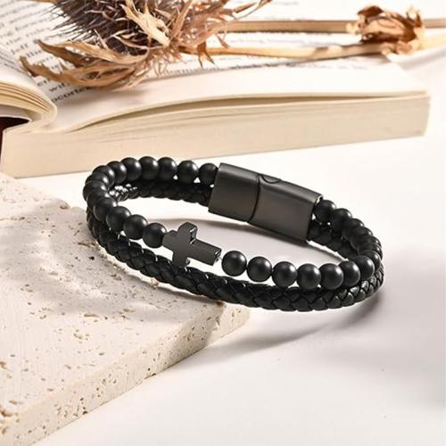 PU Leather Bracelet, with Tiger Eye & Black Agate & 304 Stainless Steel, Cross, handmade, multilayer & different size for choice & for man, more colors for choice, Sold By PC