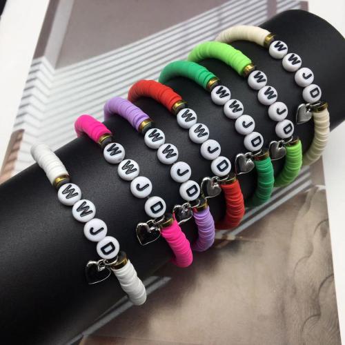 Polymer Clay Bracelet, with Tibetan Style & Acrylic, Alphabet Letter, handmade, Bohemian style & for woman, more colors for choice, Length:Approx 6-7 Inch, Sold By PC