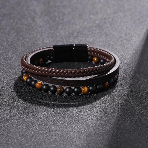 PU Leather Bracelet, with Tiger Eye & 304 Stainless Steel, handmade, multilayer & for man, Length:Approx 8.5 Inch, Sold By PC
