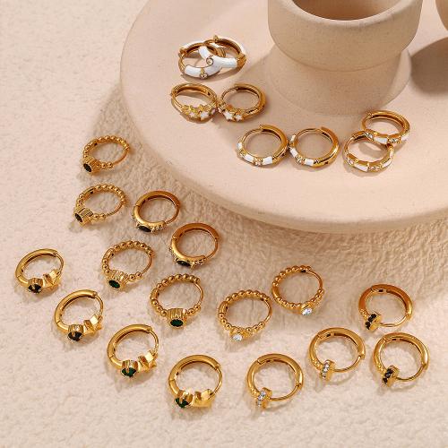 Stainless Steel Hoop Earring, 304 Stainless Steel, gold color plated, fashion jewelry & enamel & with rhinestone, more colors for choice, Sold By Pair
