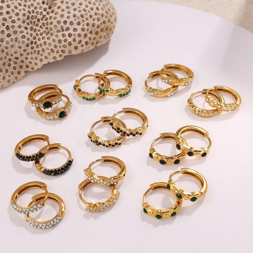 Stainless Steel Huggie Hoop Earring, 304 Stainless Steel, gold color plated, fashion jewelry & with rhinestone, more colors for choice, Sold By Pair