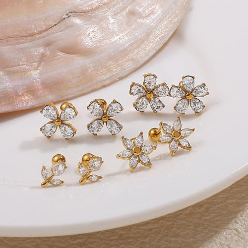 Stainless Steel Stud Earrings, 304 Stainless Steel, gold color plated, fashion jewelry & micro pave cubic zirconia, more colors for choice, Sold By Pair