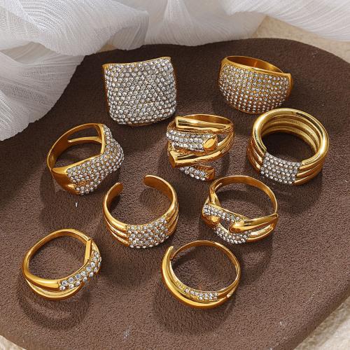 Rhinestone Stainless Steel Finger Ring, 304 Stainless Steel, gold color plated, fashion jewelry & with rhinestone, more colors for choice, Sold By PC