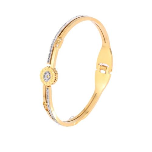 304 Stainless Steel Bangle, plated, for woman & with rhinestone & hollow, golden, Sold By PC