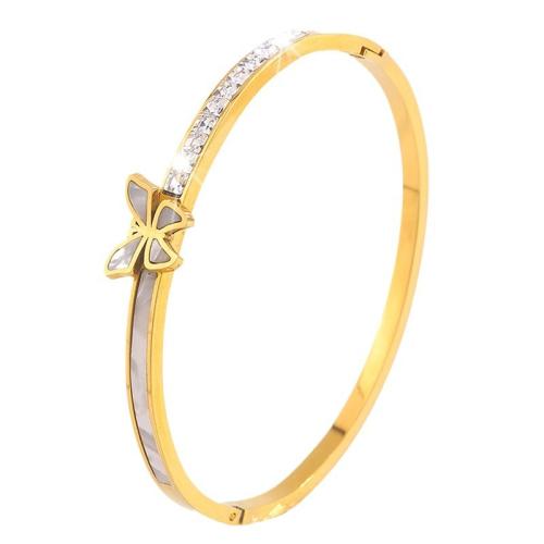 304 Stainless Steel Bangle, with White Shell, plated, fashion jewelry & for woman & with rhinestone, golden, Sold By PC
