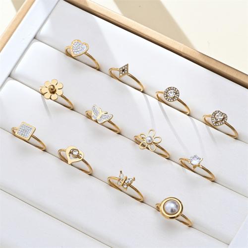 Cubic Zirconia Stainless Steel Finger Ring, 304 Stainless Steel, with Plastic Pearl, plated, different styles for choice & micro pave cubic zirconia & for woman, golden, Sold By PC