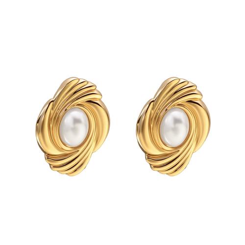 Stainless Steel Stud Earrings, 304 Stainless Steel, with Plastic Pearl, plated, fashion jewelry & for woman, golden, Sold By Pair