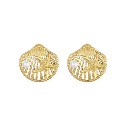 Stainless Steel Stud Earrings, 304 Stainless Steel, with Plastic Pearl, Shell, 18K gold plated, fashion jewelry & for woman & hollow, Sold By Pair