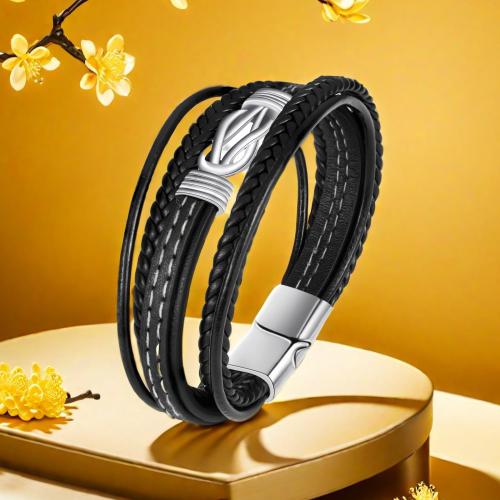 PU Leather Bracelet, with 304 Stainless Steel, Infinity, handmade, multilayer & for man, Length:Approx 8.5 Inch, Sold By PC