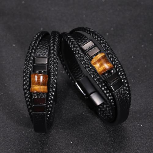 PU Leather Bracelet, with Tiger Eye & Tibetan Style, handmade, multilayer & different size for choice & for man, Sold By PC