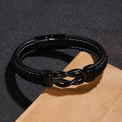 304 Stainless Steel Bracelet, with Microfiber PU, Infinity, polished, different size for choice & for man, black, Sold By PC