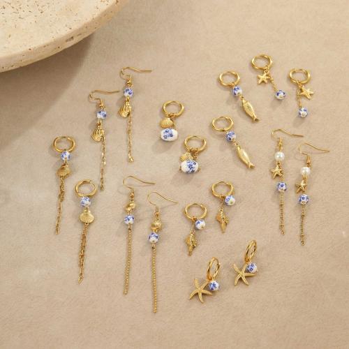 Stainless Steel Drop Earring, 304 Stainless Steel, with Porcelain, 18K gold plated, fashion jewelry & different styles for choice & for woman, Sold By Pair