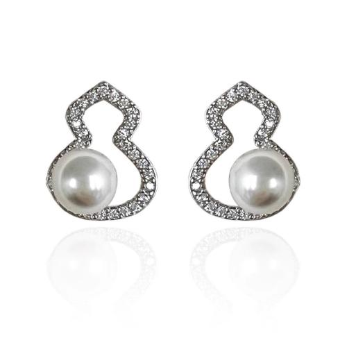Cubic Zirconia Micro Pave Brass Earring, with Plastic Pearl, , Calabash, plated, fashion jewelry & micro pave cubic zirconia, silver color, nickel, lead & cadmium free, 11.30x15.30mm, Sold By Pair