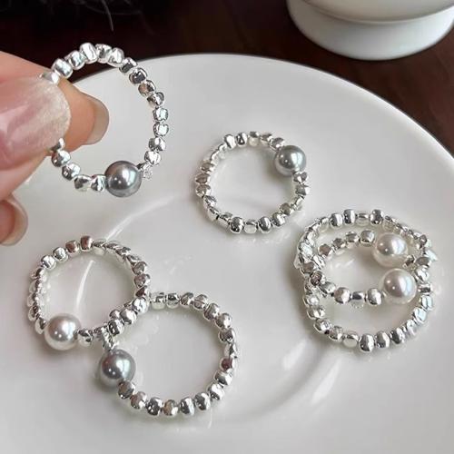 Brass Finger Ring, with Plastic Pearl, plated, fashion jewelry, more colors for choice, nickel, lead & cadmium free, 14x14x5mm, Sold By PC