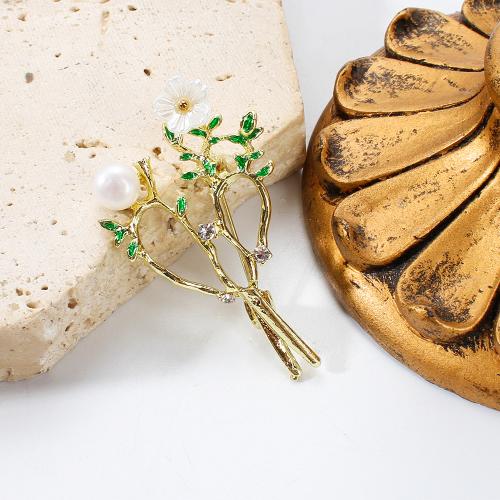 Freshwater Pearl Brooch, Tibetan Style, with Freshwater Pearl & Acrylic, gold color plated, fashion jewelry & enamel & with rhinestone, more colors for choice, 27.05x9.47x45.56mm, Sold By PC