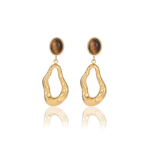 Stainless Steel Drop Earring, 304 Stainless Steel, with Natural Stone, 18K gold plated, different materials for choice & for woman & hollow, Sold By Pair