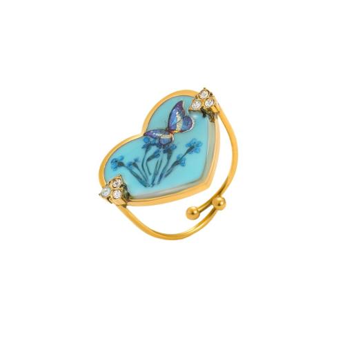 Cubic Zirconia Stainless Steel Finger Ring, 304 Stainless Steel, with Dried Flower, epoxy gel, different styles for choice & micro pave cubic zirconia & for woman, golden, Sold By PC