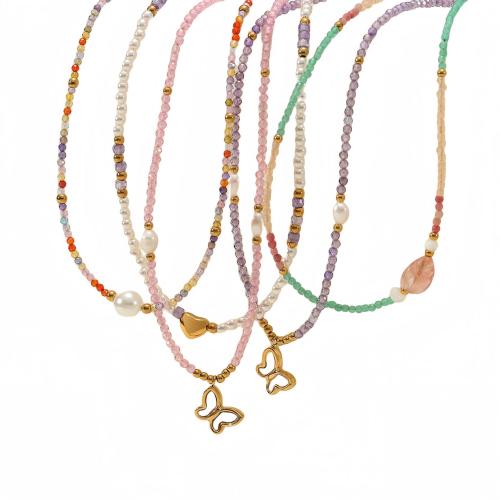 Collier de perles d'eau douce naturelles, Acier titane, avec Pierre naturelle & perle d'eau douce cultivée, Placage, bijoux de mode & styles différents pour le choix & pour femme, multicolore, Vendu par PC
