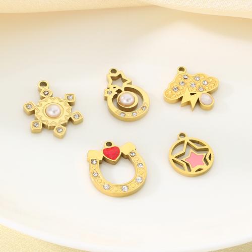 Stainless Steel Pendants, 304 Stainless Steel, with Glass & Plastic Pearl, gold color plated, DIY & enamel & with rhinestone, golden, 10PCs/Bag, Sold By Bag