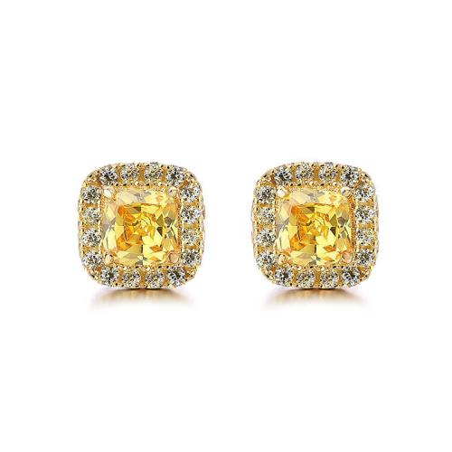 Brass Stud Earring, Square, gold color plated, for woman & with rhinestone, 10mm, Sold By Pair
