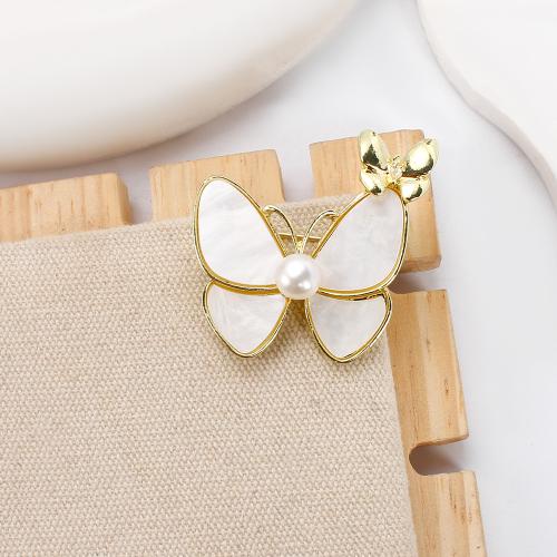 Freshwater Pearl Brooch, Tibetan Style, with White Shell & Freshwater Pearl, Butterfly, gold color plated, fashion jewelry, more colors for choice, 24.58x8.38x33.60mm, Sold By PC