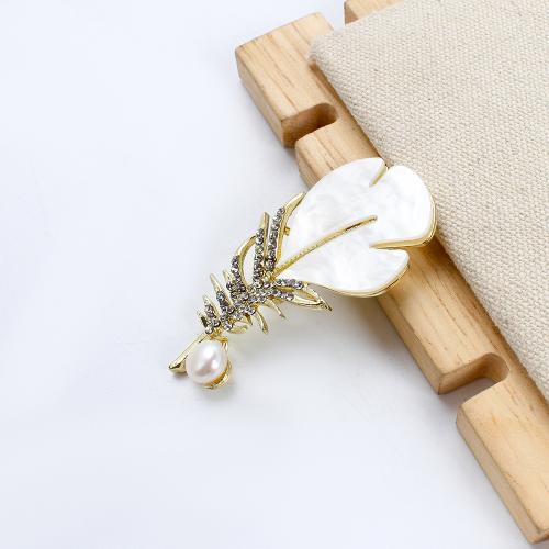 Freshwater Pearl Brooch, Tibetan Style, with White Shell & Freshwater Pearl, Feather, gold color plated, fashion jewelry & with rhinestone, more colors for choice, 24.50x9.10x51.45mm, Sold By PC