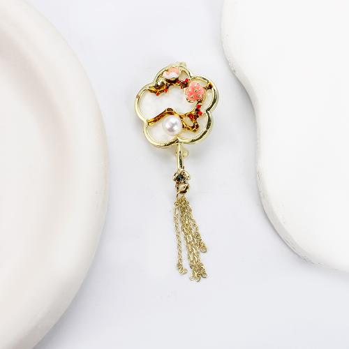 Freshwater Pearl Brooch, Tibetan Style, with White Shell & Freshwater Pearl, Fan, gold color plated, fashion jewelry & enamel & with rhinestone, more colors for choice, 27.04x13.87x73.51mm, Sold By PC