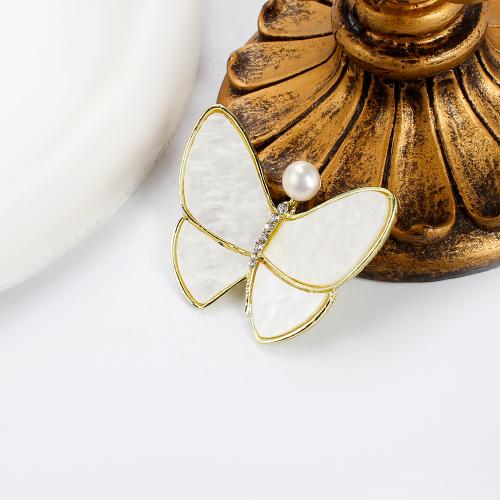 Freshwater Pearl Brooch, Tibetan Style, with White Shell & Freshwater Pearl, Butterfly, gold color plated, fashion jewelry & with rhinestone, more colors for choice, 44.45x10.16x37.78mm, Sold By PC