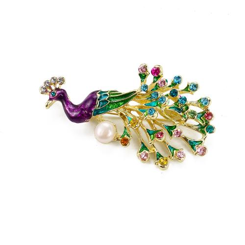 Freshwater Pearl Brooch, Tibetan Style, with Freshwater Pearl, Peacock, gold color plated, fashion jewelry & enamel & with rhinestone, more colors for choice, 59.41x10.64x30.73mm, Sold By PC
