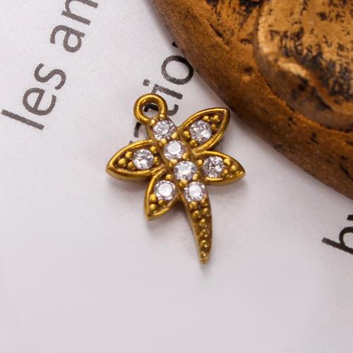 Rhinestone Brass Pendants, Dragonfly, plated, DIY & with rhinestone, golden, nickel, lead & cadmium free, 10.48x2.27x14.63mm, Inner Diameter:Approx 5.09mm, Sold By PC