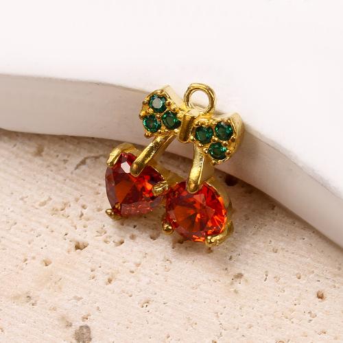 Rhinestone Brass Pendants, Cherry, plated, DIY & with rhinestone, golden, nickel, lead & cadmium free, 10.74x2.70x12.11mm, Inner Diameter:Approx 5.09mm, Sold By PC