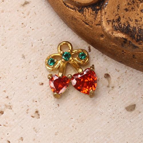 Pendentifs strass en laiton, cerise, Placage, DIY & avec strass, doré, protéger l'environnement, sans nickel, plomb et cadmium, 9.45x3.58x11.68mm, Diamètre intérieur:Environ 5.09mm, Vendu par PC